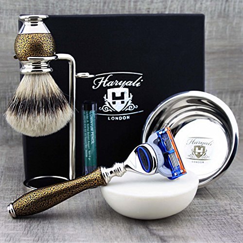 Haryali London 6 Pc Mens Shaving Kit 5 Edge Razor With Silver Tip Badger Hair Shaving Brush, Stand, Soap, Bowl and Alum Perfect Set For Men
