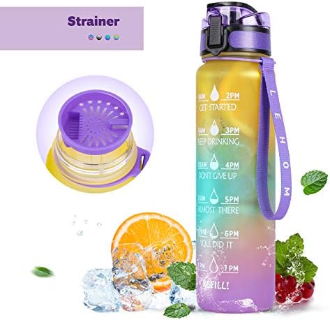 LEHOM Sports Water Bottle, 1 Litre Motivational Water Bottle with Time Markings, Reusable BPA Free Leakproof Drinks Bottle with Filter & Cleaning Brush One Click Open for Kids, Adults, Gym, Cycling
