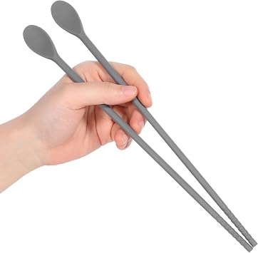 1 pair Silicone Cooking Chopsticks with Spoon, Long 11 Inch Reusable Chopsticks for Cooking, Korea Kitchen Utensils, Heat Resistant, Non-Scratch, Gentle on Cookware, Grey