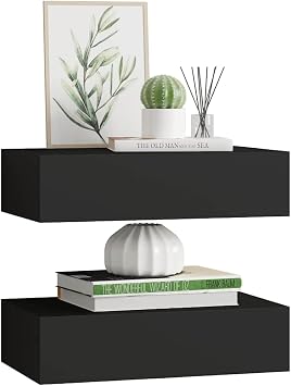 Wall Mounted Drawer Shelves 2 Pack Black 40x23.5x10cm MDF, Small Floating Shelf with Drawer for Jewelry, Watches, Keys, Wall Storage Shelf for Living Room Decor