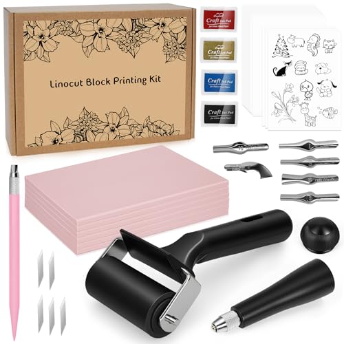 28 Stück Lino-Schneid und Druckset Linolschnitt Set Blockdruck Starter Kit mit Gummiblöcke Stempelblock Bildhauerwerkzeugen Pauspapieren und Gummiwalze für Stempelschnitzerei und Druckgrafik
