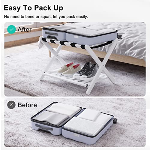 Smuxee Fully Assembled White Luggage Rack Pack of 2, Bamboo Foldable Suitcase Stand with 5 Nylon Straps, Luggage Holder with Shelf for Guest Room Bedroom Hotel (White Luggage Rack 2pcs)