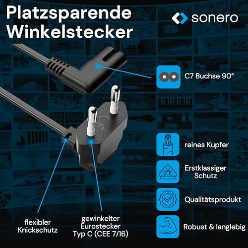 sonero Stromkabel Netzkabel 2 Polig, 0.50m, Eurostecker Typ C Netzstecker auf IEC Buchse C7 Euro 8 Stecker, 90° Winkel Netzteil Strom Kabel für TV, PS5, PS4, PS3, Haushaltsgeräte, schwarz