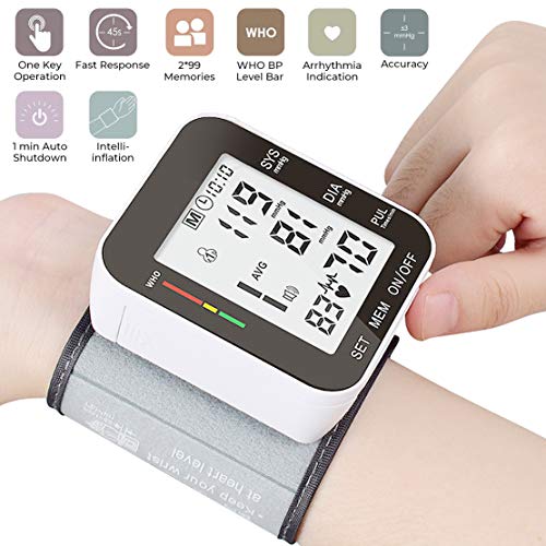 Automatic Wrist Blood Pressure Monitor Voice Broadcast High Blood Pressure Monitors Portable LCD Screen Irregular Heartbeat Monitor with Adjustable Cuff and Storage Case Powered by Battery - Black