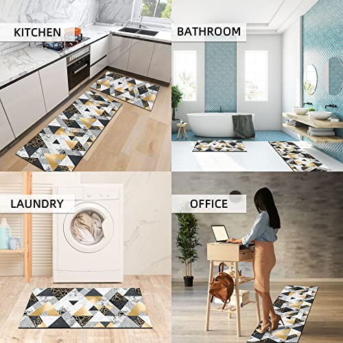 Black And Gold Marble Ink Kitchen Mat Geometric Kitchen Rugs Set Of 2 Cushioned Comfort Floor Waterproof Non Slip Modern Triangles Runner Decor For Office Sink Laundry,17.3" X28" + 17.3" X 47" #TOP5