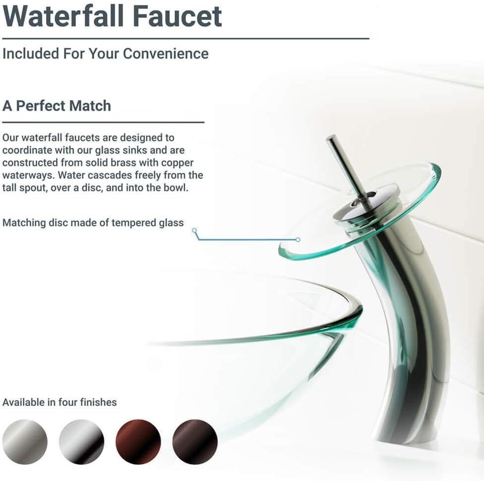 Big Sale R5-5027-WF-C Forest Green Glass Vessel Bathroom Sink with Chrome Waterfall Faucet, Sink Ring, and Vessel Pop-Up Drain