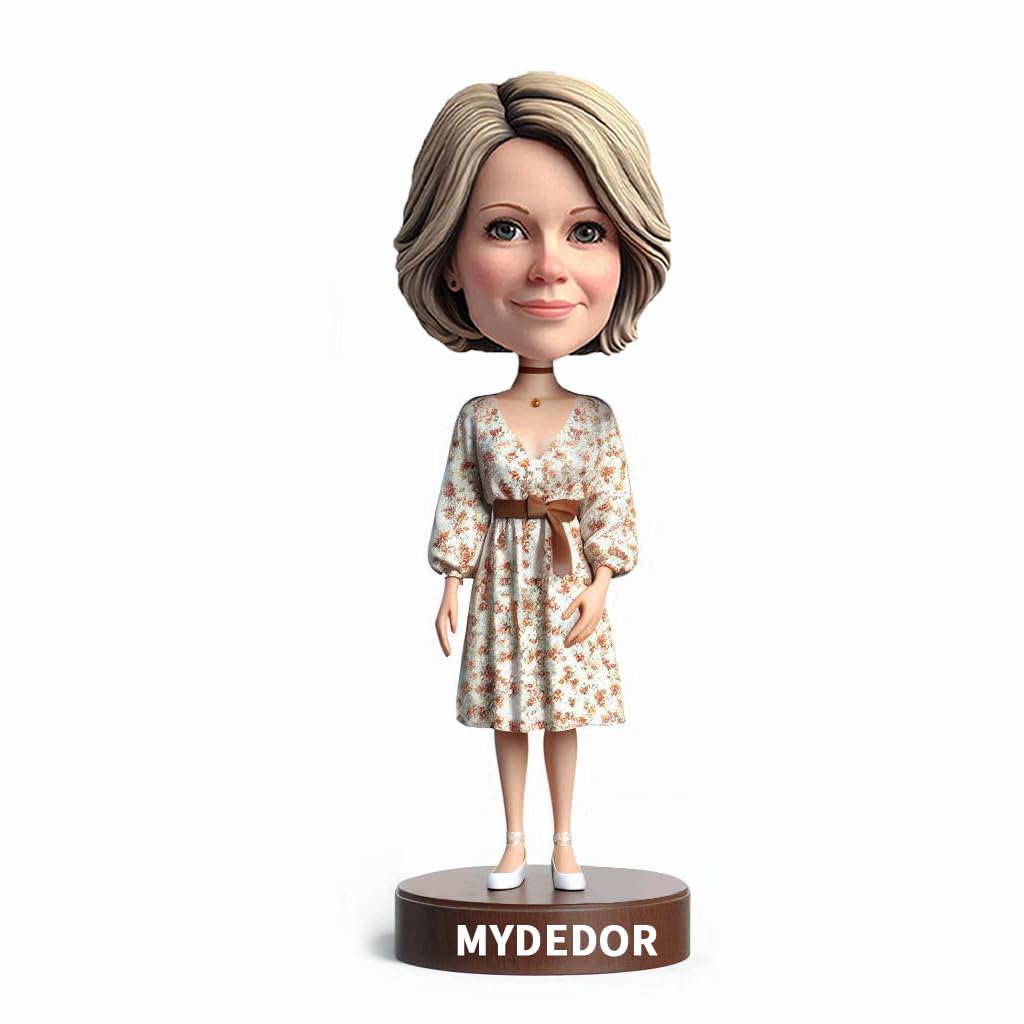 Bobblehead personalizado - Regalos personalizados para mujer elegante con vestido floral, decoración del hogar de oficina, recuerdo hecho a mano, coleccionables de arcilla basados en tu foto