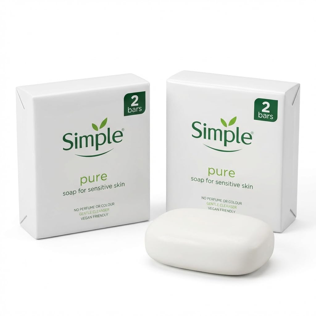 Simple Pure Gentle Soap Bars – 2 x Twin Packs (4 bars 100g Each) – Fragrance-Free Antibacterial Soap for Sensitive Skin – Unscented Moisturising Cleanser – Hypoallergenic Natural Soapbar