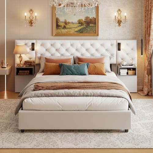 Julyue Lit double avec tables de chevet, 160 x 200 cm, rembourré, lampe de lecture et USB, hydraulique, rangement, cadre en bois, blanc