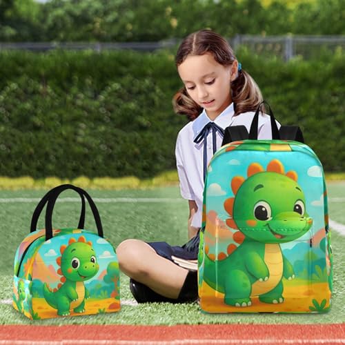 Sac à dos pour l'école vert dinosaure avec boîte à déjeuner enfant - 7