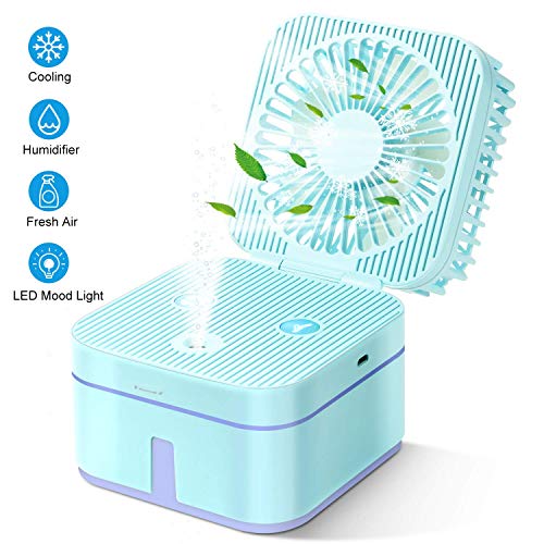 Housegaga Mini Desktop Misting Fan Usb Desk Table Fan Cooling Fan Handheld Portable Quiet Mist Spray Humidifier Fan Usb Powered 3 Speed Led Light For Bedroom Nightstand Home Office Travel White Desk Fans