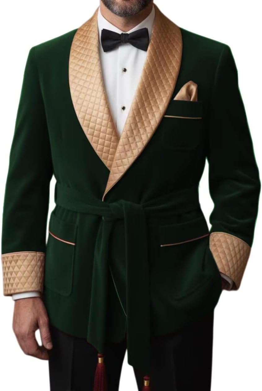 Men's Short Velvet Smoking Jacket Shawl Lapel Smoking Robe Wedding Dinner Party Blazer Coat with Belt HZH95