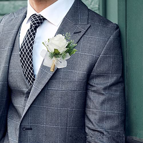 JULAN 6Pcs White Rose Wrist Corsage and Boutonniere Set including Pins,Handmade Artificial Rose Flower Wrist Flowers and Men's Corsage Set for Wedding Flowers Ceremony (3 Boutonnieres + 3 Wrist Corsages) - Image 3
