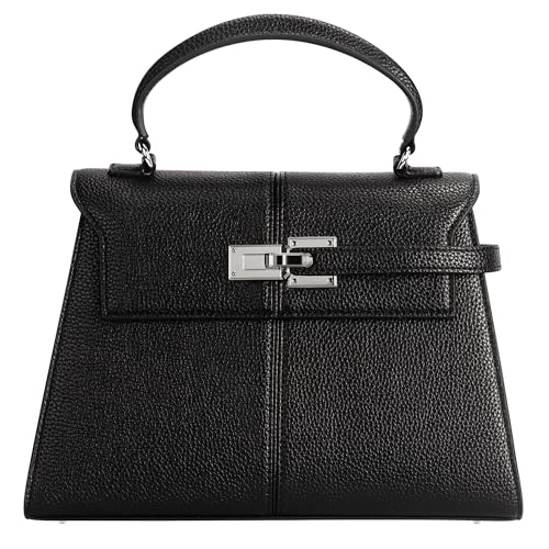Women's Top-handle Handbags– Vegan Leather Vintage Top Handle Design with Adjustable Strap, Fashion Commuter Crossbody Bag, BLACK, Large