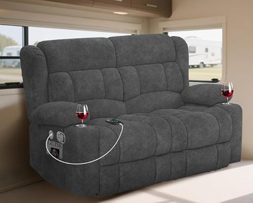 MisUMis RV Loveseat Recliner Sofa, Wall Hugger Reclining Loveseat RV Couch with USB Ports, Cup Holders, Pockets, 150° Adjustable RV Furniture Velvet Fabric Recliners for Travel & Home Theater Seating