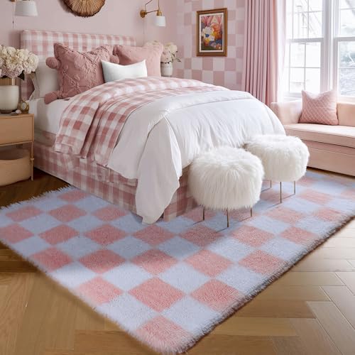 Image of KICMOR Light Pink and White Rugs for Bedroom Girls, 4x6 Fluffy Fuzzy Checkered Shag Area Rug Shaggy Bedside Carpet, Soft Plush Cute Rug for Toddler Kids Baby Nursery Teen Dorm Living Room Home Decor