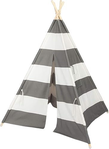 Miniatura 8 de Tienda de campaña de tipi de 4 postes de madera para niños, rayas grises y blancas