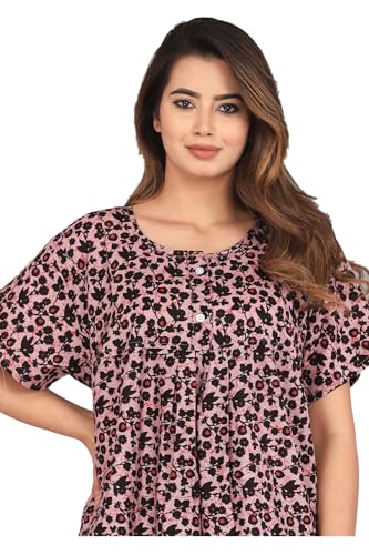 Image of Kuruti B Sheets Cotton Nighty for Women Jaipuri Print 2 Button Round Neck Short Sleeve Night Gown | Maxi Dress