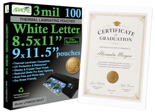 Image of Apache Letter Size White Back Laminating Pouches, 3 Mil, 100 Pack, Holds 8.5 x 11 Inch Projects (9 x 11.5 Inch Pouch Size), Thermal Laminator Compatible Colored Laminating Sheets, Elite Specialty Line