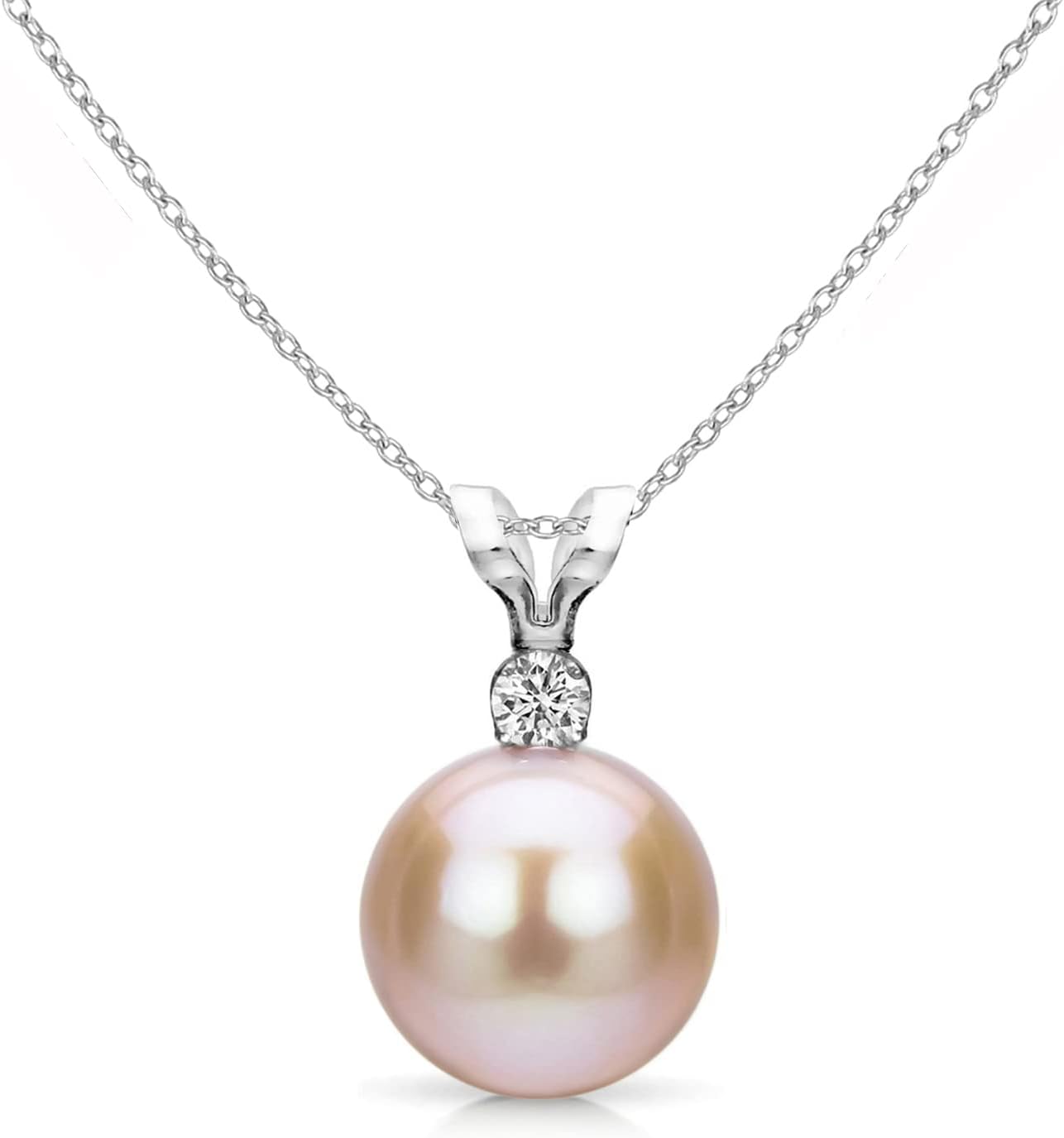 Pink Freshwater Cultured 7-7.5mm Pearl Pendant Necklaces with 1/20 cttw Diamond in Sterling Silver
