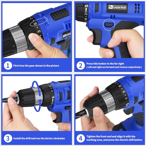 Image of FADAKWALT Cordless Drill Set, 20V Electric Power Drill with Battery And Charger, Torque 30N, 21+1 Torque Setting, 3 /8-Inch Keyless Chuck, LED Work Light, Complete Drill & Driver Bits Kit（blue)
