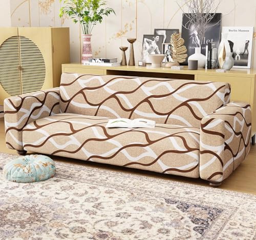 Image of Lukzer 3 Seater Beige Lining Design Universal Sofa Cover | 360 Fully Covered Anti-Slip Washable Couch Cover Protecter | 140 GSM Stretch Fit Polyester + Spandex Slipcover (180-230cm /SC-021-03)