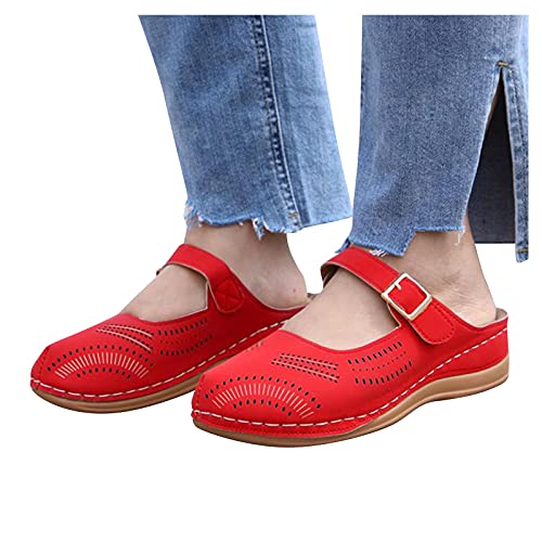 Aniywn Womens Closed Toe Sandals Comfortable Breathable Summer Wedge Shoes Non-Slip Hollow Out Beach Wedge Sandal Red