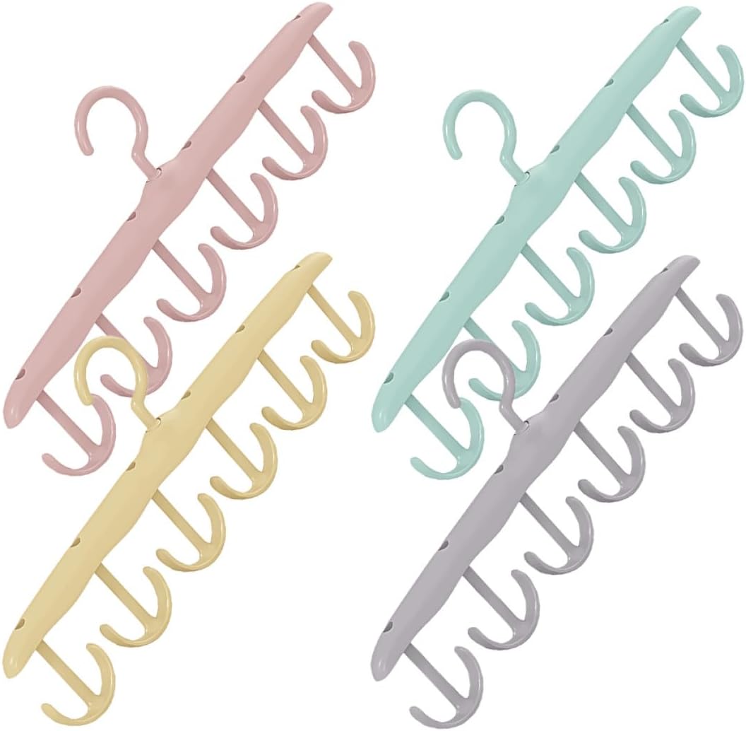 4pcs Multi-Function Tie and Belt Hangers with 12 Rotating Hooks, Plastic Closet Organizer for Men’s Ties, Scarves, Hats, and Accessories Storage in Pink Yellow Gray Green