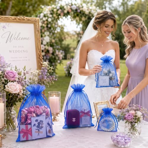 Image of FUNFERY 100PCS Royal Blue Organza Gift Bags 5x7in,Drawstring Jewelry Pouch