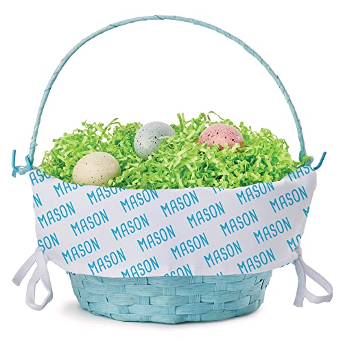 My Name Pattern Personalized Easter Egg Basket with Handle and Custom Name | White Easter Basket Liners | Blue Basket | Woven Easter Baskets for Kids | Customized Easter Basket