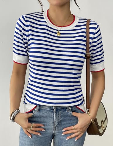 Image of Zeagoo Womens Summer Tops Casual Short Sleeve Striped Sweater Shirt Crewneck Color Block Knit Blouses