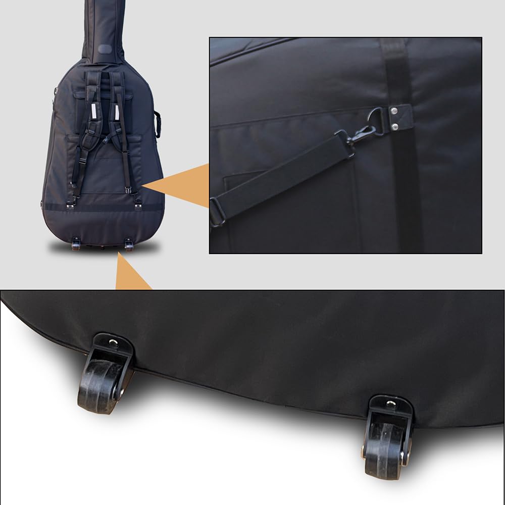Borsa per Contrabbasso Verticale 3/4 con Ruote - Borsa per Contrabbasso in Tessuto Oxford con Fodera Spessa, Tasche Multiple con robuste Maniglie e Cinghie (Grigio) (Nero)
