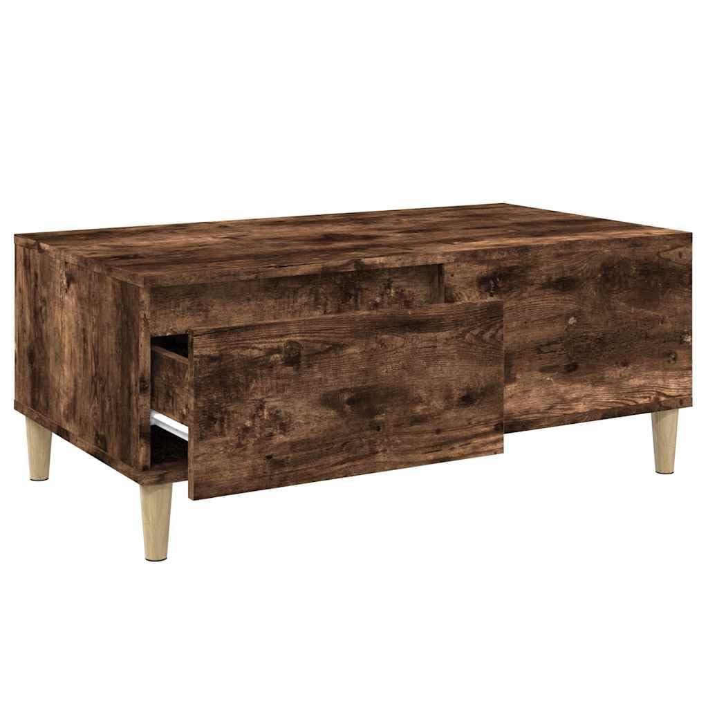 Mesa de centro de roble ahumado, 90 x 50 x 36,5 cm, material de madera con cajón y espacio de almacenamiento, mesa auxiliar para salón, mesa de sofá con diseño robusto y madera de eucalipto