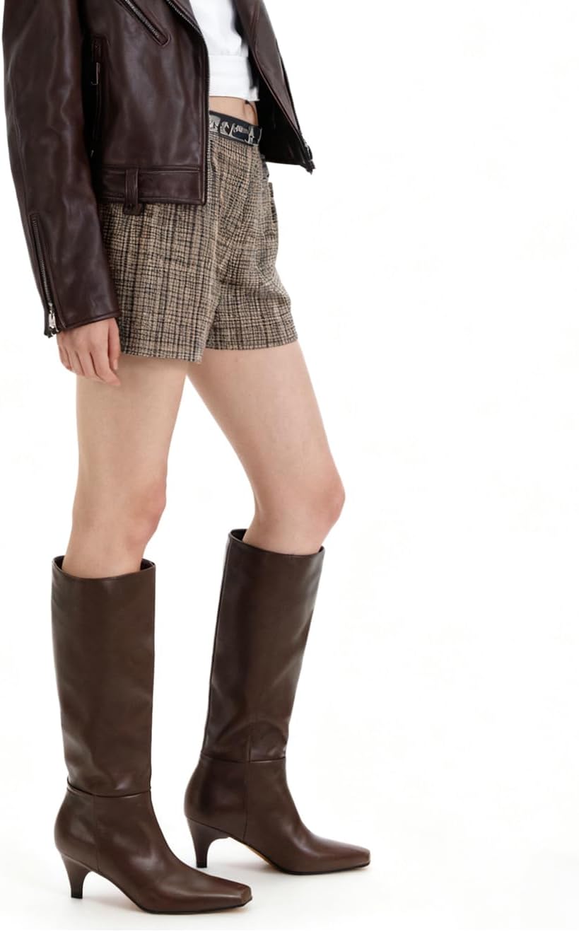 Black Leather Knee High Boots for Women Low Kitten Heeled Tall Boot Square Toe Sexy Pull on Winter Fashion Long Boots - Image 3