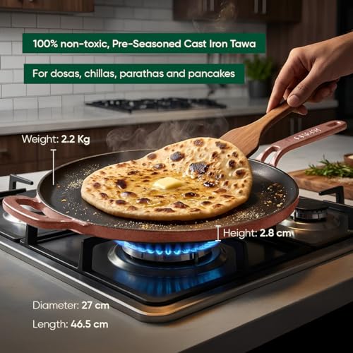 Image of Ember Cookware Pre-Seasoned Cast Iron Tawa for Dosa & Roti 27 cm | 10-Year Warranty | 30% Lighter, Non Stick Induction Cookware | Non Stick Dosa Tawa | Heavy Duty Cookware | Terracotta