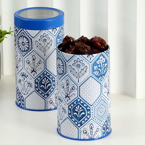 Image of Maroc Collection Airtight Kitchen Container|Set 1100ML- Set of 2| Food Grade Metal Jars for Dals, Millets, Pasta & Dry Food Storage| Vacuum Lid, Rust Resistant, Stylish Moroccan Blue Canisters