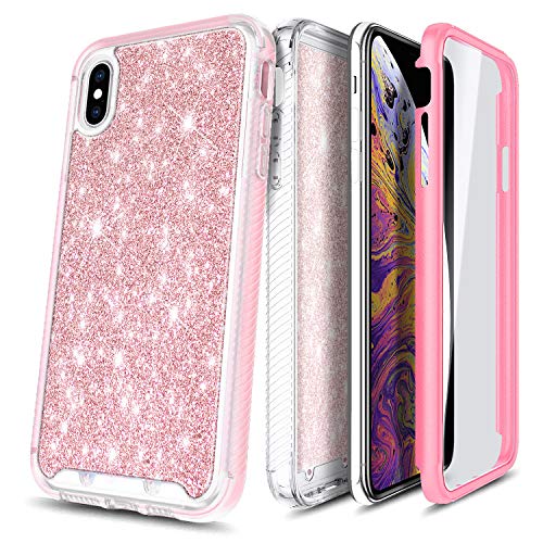 E-Began Case for iPhone XR, Full-Body Protective Matte Bumper Cover with Built-in Screen Protector, Glitter Shiny Bling, Support Wireless Charging, Shockproof Durable Case (6.1 inch 2018) -Rose Gold