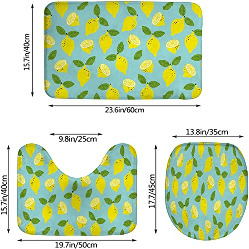 Badezimmerteppich-Set, 3-teilig, gelbe Zitrone, Zitrusfrüchte, grüne Blätter, waschbare Badeteppiche, rutschfest, mit Rückenpolster, Konturteppich und Toilettendeckelbezug – Bild 3