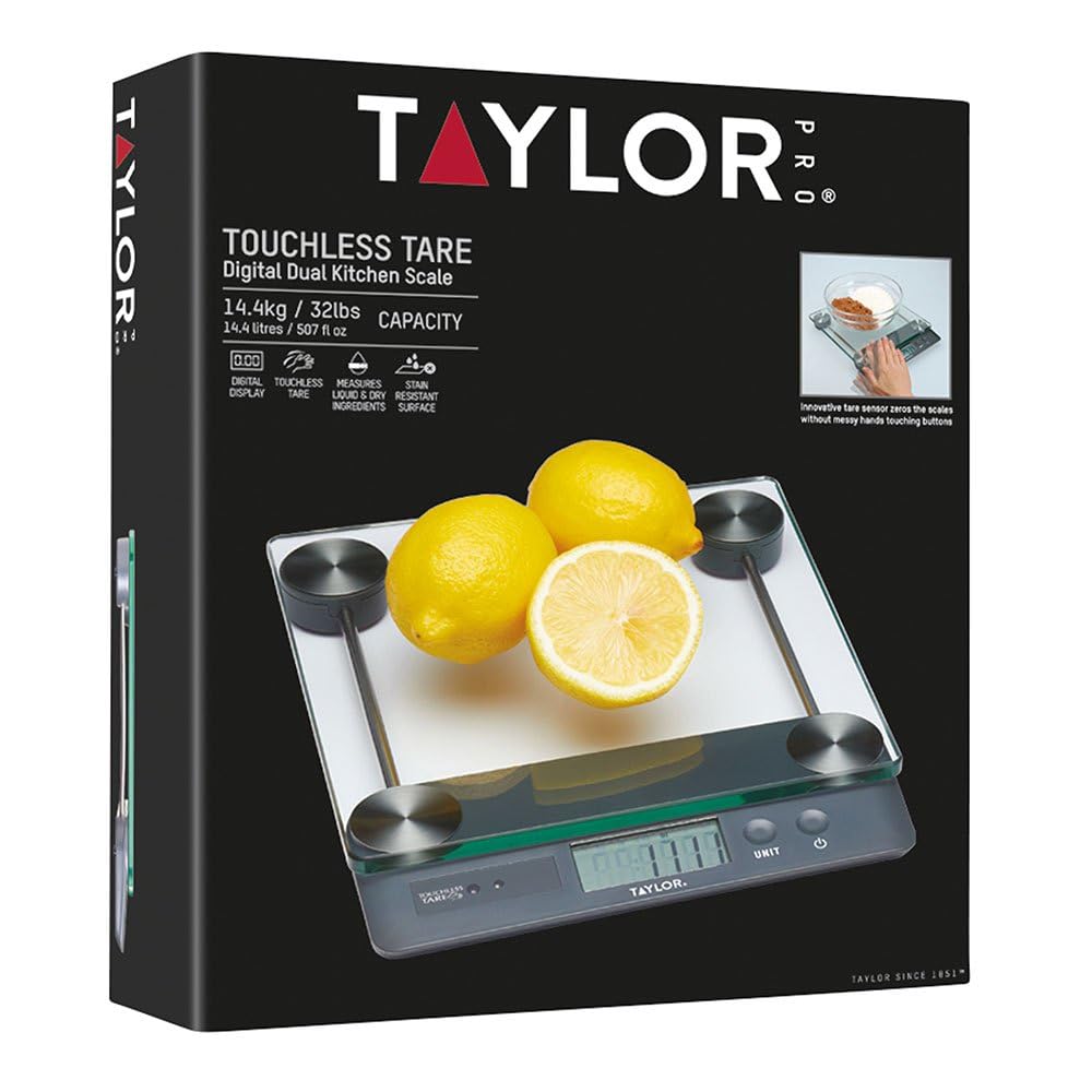 Taylor Pro, Digitale Küchenwaagen für Lebensmittel, mit Berührungsloser Tara-Funktion, 14,4 kg bzw. 14,4 l, durchsichtig