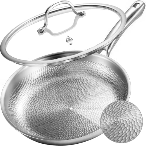 Image of Titanium Pans for Cooking, 12" Uncoated Hammered Titanium Pro Frying Pan, PFAS Free Cookware, Frying Pan with Lid, Non Toxic Tri-Ply Skillet for Cooking, PFAS/PFOA/PTFE Free, Induction & Oven-Safe