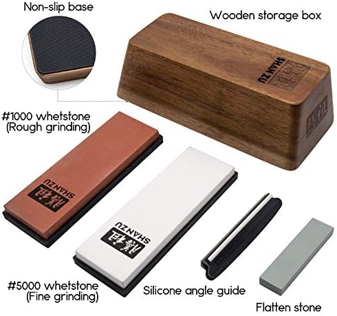 Sharpening Stone with Storage Box,SHAN ZU Whetstone Set Knife Sharpening Stone 2 Pieces Grit #1000/5000 Knife Stone with Non-Slip Silicone Base & Angle Guide,Wetstone for The Sharpening Knives