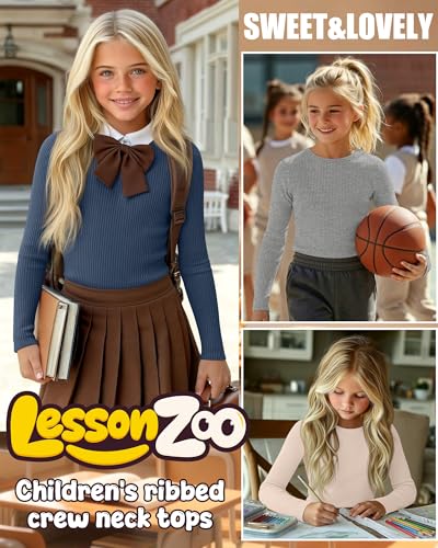 Image of 4 Pack Girls Long Sleeve Shirts Ribbed Knit Cotton Crewneck Tops Slim Fit Soft Casual Kids Base Layer Undershirts