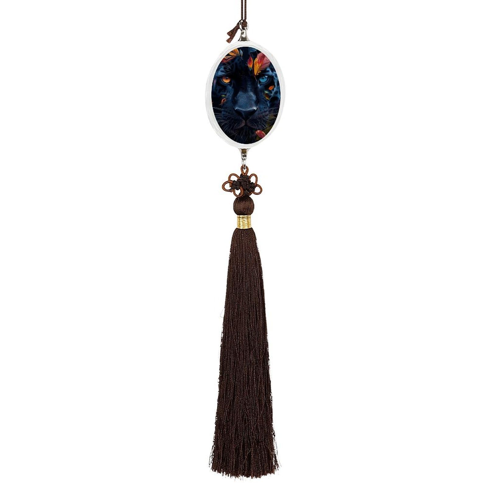 Crystal Auto Pendant Charms Ellipse Crystal Car Rear View Mirror Charms Leaves And Panther Auto Hanging Interior Ornament Pendant Car Interior Accessories for Women Men CarCharms Decor