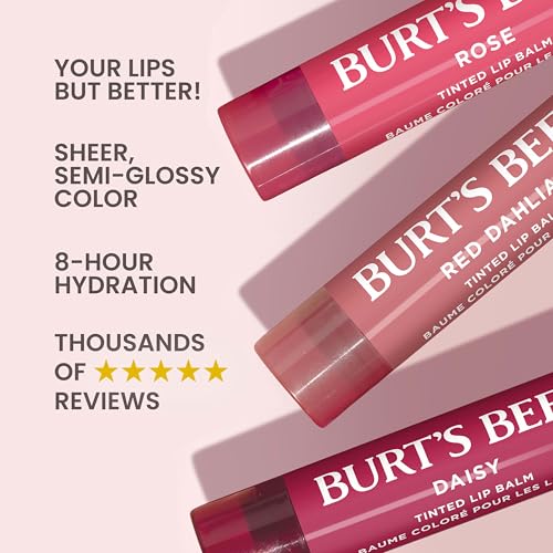 Image of Burts Bees Tinted Lip Balm Value Pack, Includes Red Dahlia, Daisy and Rose, 8 Hour Moisture, Provides a Hint of Color, Nourishing Shea Butter, 100 Percent Natural Origin, 0.15 oz., Three Tubes