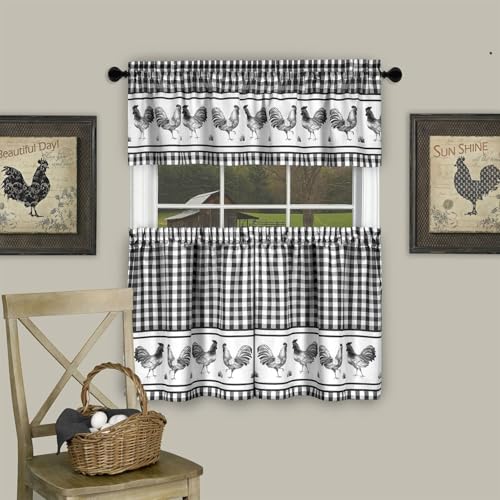 PowerSellerUSA 3 Piece Kitchen Curtain Set, Gingham Tier Pair and