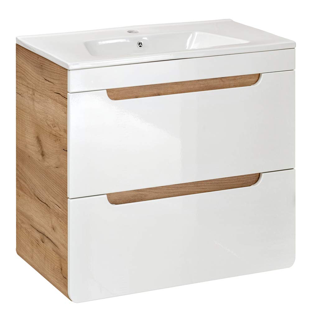 Lomadox Badezimmermöbel Set Hochglanz weiß mit Wotan Eiche Nb., 61 cm Waschtischunterschrank mit Keramik-Waschtisch, LED-Spiegelschrank & 3 Hängeschränke