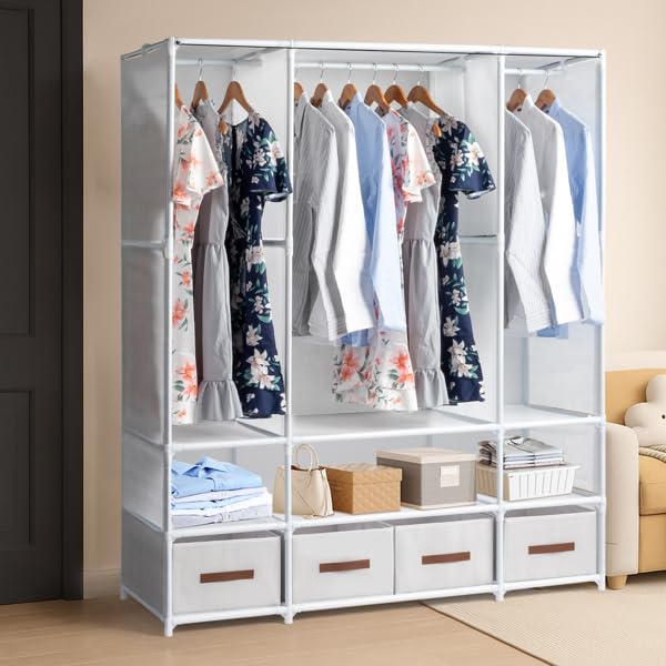 Stoffschrank 3 Kleiderstangen, freistehend, 144 cm | Kleiderschrank mit 4 Boxen & Vorhängen, moderner Aufbewahrungsschrank für Schlafzimmer, Garderobe und Retail, weiß