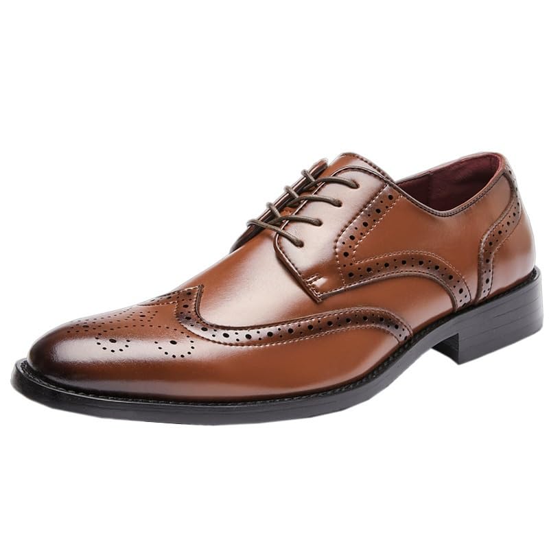 Britain Retro Men Pointed Shoes, Brown Slip On Oxfords Leather Shoes, Casual Dress Loafers, Lace-up Formal Moccasins, Print Casual Brogue