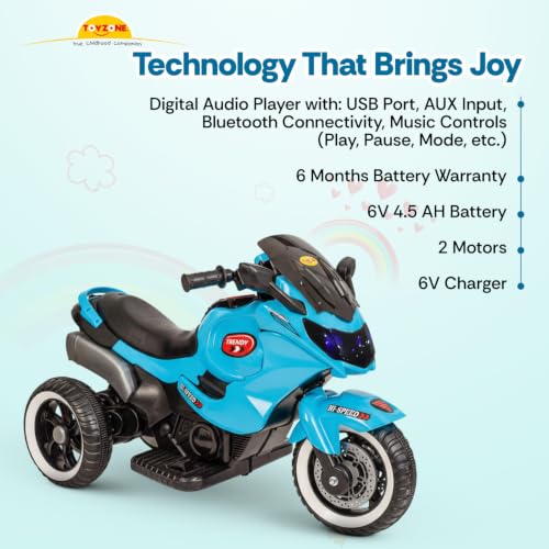 Image of Toyzone Trendy Electric Bike (Blue) | 6V Rechargeable Bike for Kids with 4.5Ah Battery | LED Lights, Music, MP3 /USB /BT | Smooth Acceleration | 6M Battery Warranty | Age 2-8 Years, Up to 35kg