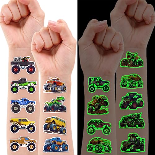 Image of 96 PCS Monster Truck Pre-Cut Luminous Glow in the dark Temporary Tattoos | Super Cute Themed Birthday Party Favors Supplies Decorations, Race Car Fake Tattoos for Kids Rewards & Gifts for Boys Girls